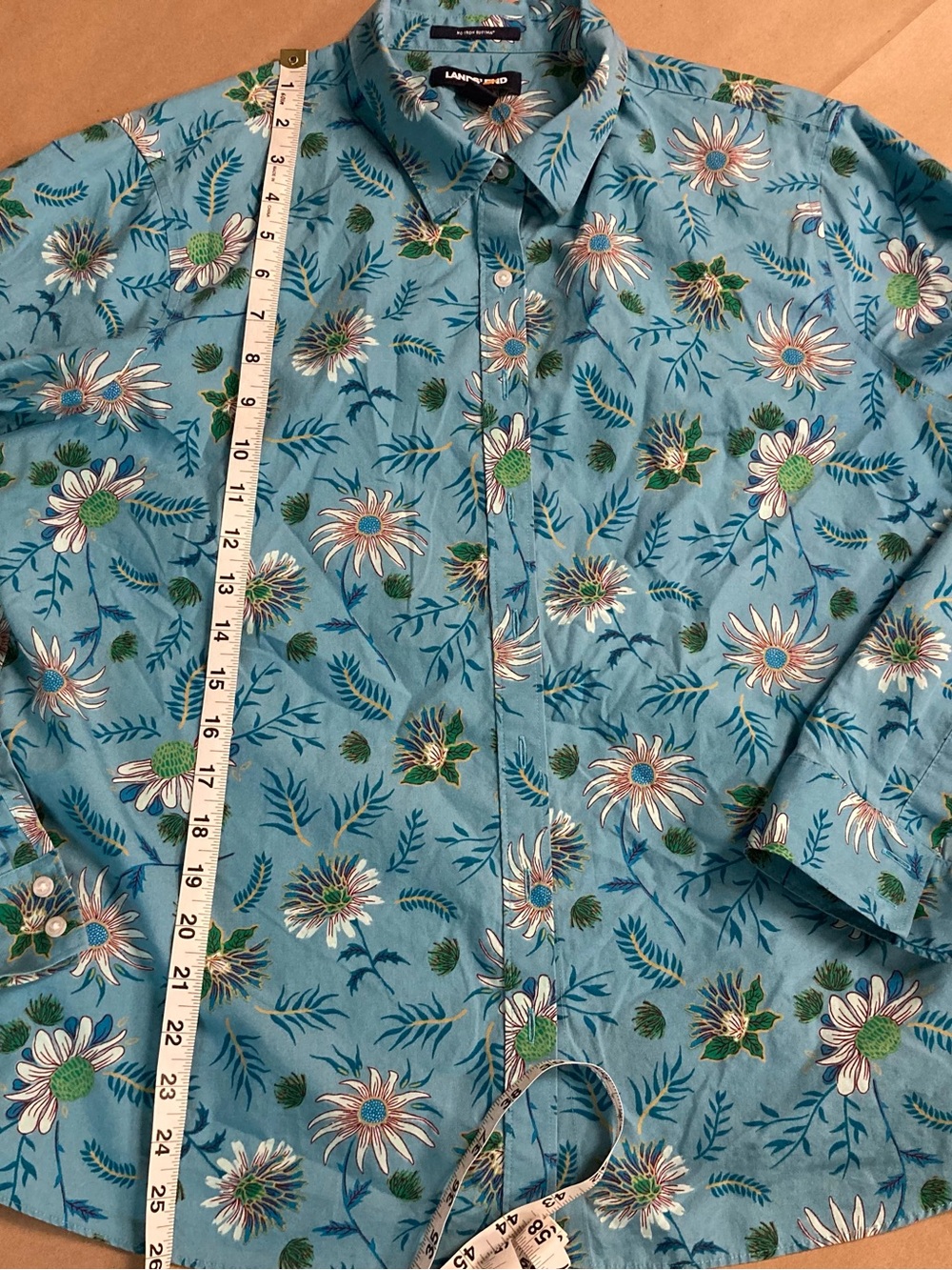 Lands’ End Floral Supima Cotton Button Front Shirt 16P Blue Daisy Print No Iron - Picture 4 of 7